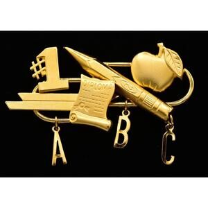 Lois Jean Teacher Pin Brooch ABC Diploma Scholar Student Brushed Gold 80s Bin5A